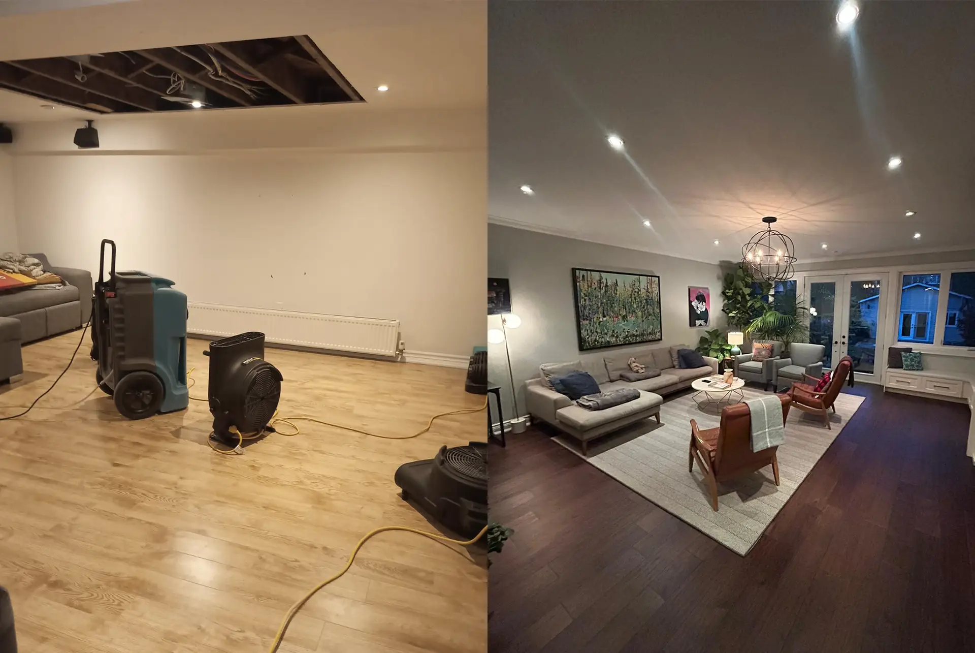 Water damage restoration technician assessing a flooded room in Toronto
