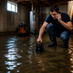 Homeowner using a sump pump during a basement flood emergency in Toronto while water spreads across a dark unfinished basement floor