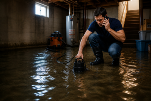 Homeowner using a sump pump during a basement flood emergency in Toronto while water spreads across a dark unfinished basement floor