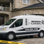 Restoration Canada.ca van parked outside a home in the GTA, showing water, fire, environmental, and mold restoration services with phone number 416 639 1722.