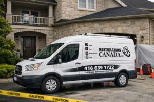Restoration Canada.ca van parked outside a home in the GTA, showing water, fire, environmental, and mold restoration services with phone number 416 639 1722.